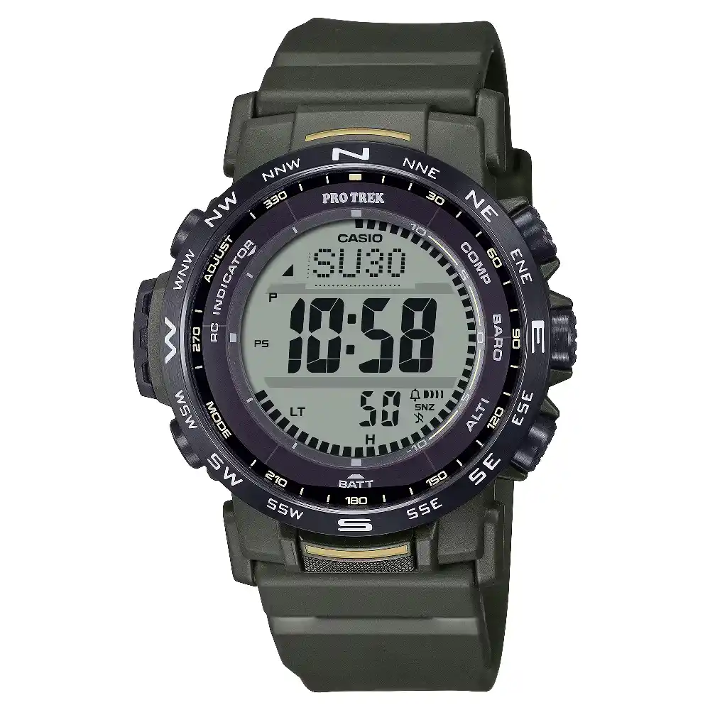 Casio Pro Trek Mens Digital Solar Powered Watch with Black Dial, 44.6mm Case, Green Bio-Based Resin Band, Triple Sensor and 100 Meter Water Resistance - PRW-35Y-3BDR