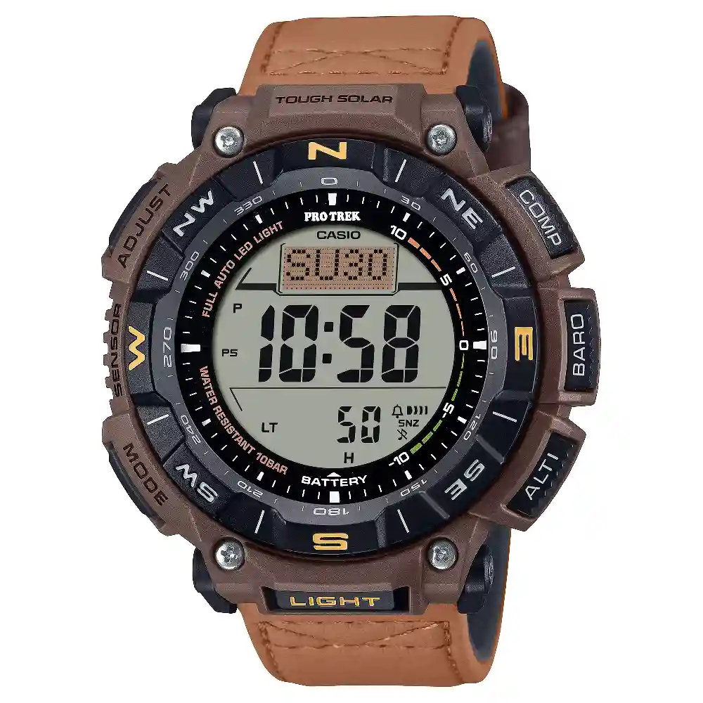 Casio Pro Trek Mens Digital Solar Powered Watch with Gray Dial, 51.7mm Case, Flame-Retardant Leather Band, Triple Sensor and 100 Meter Water Resistance - PRG-340L-5DR