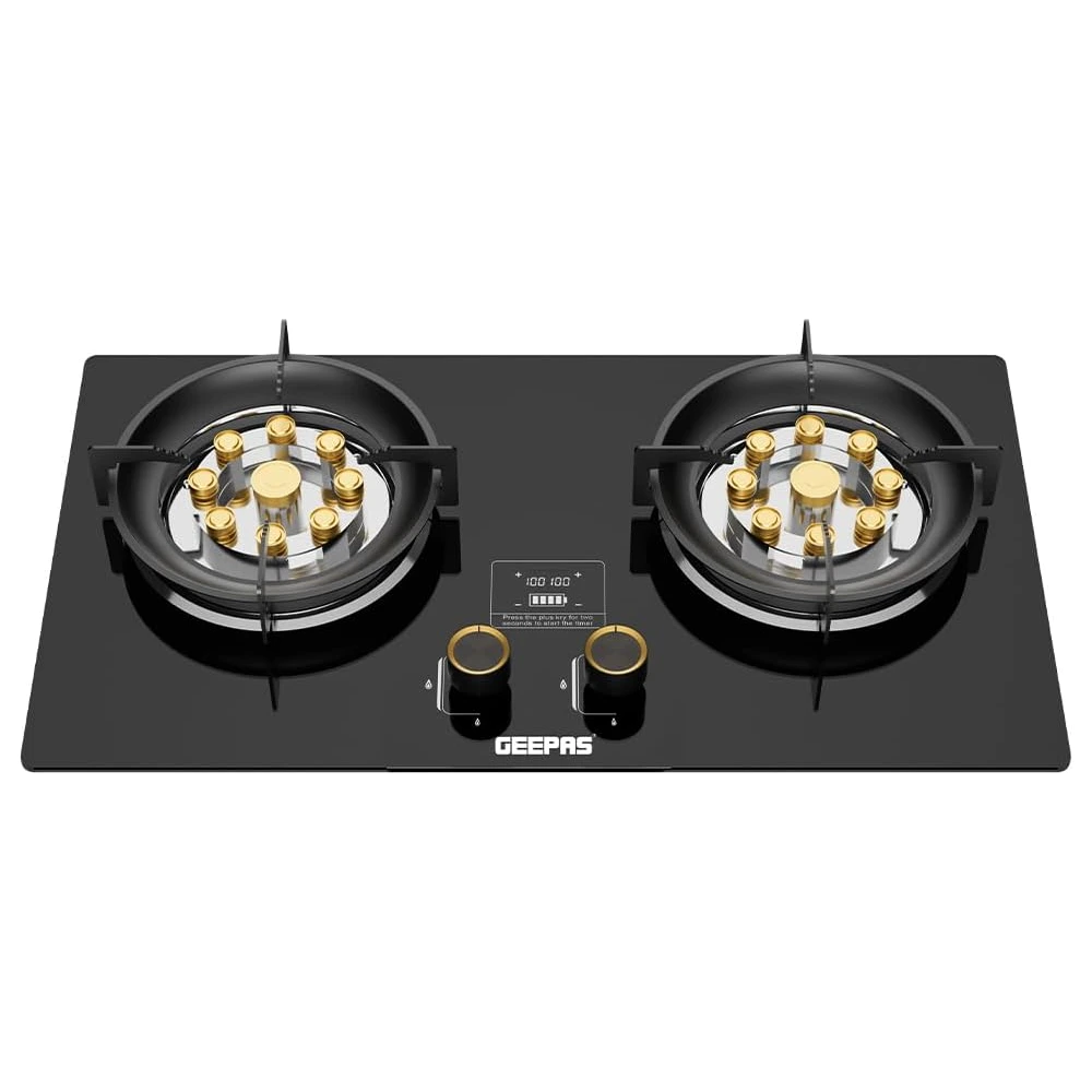 Geepas 2-in-1 Built In Glass Gas Hob - Twin Brass Burners, Flame Failure Device, Timer, Auto Piezo Ignition, Black - GGC31067FFD