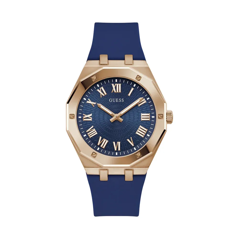 Guess Mens Blue Dial Watch with 42mm Rose Gold-Tone Stainless Steel Case, Blue Silicone Strap, Quartz Movement and 50M Water Resistance - GW0663G3