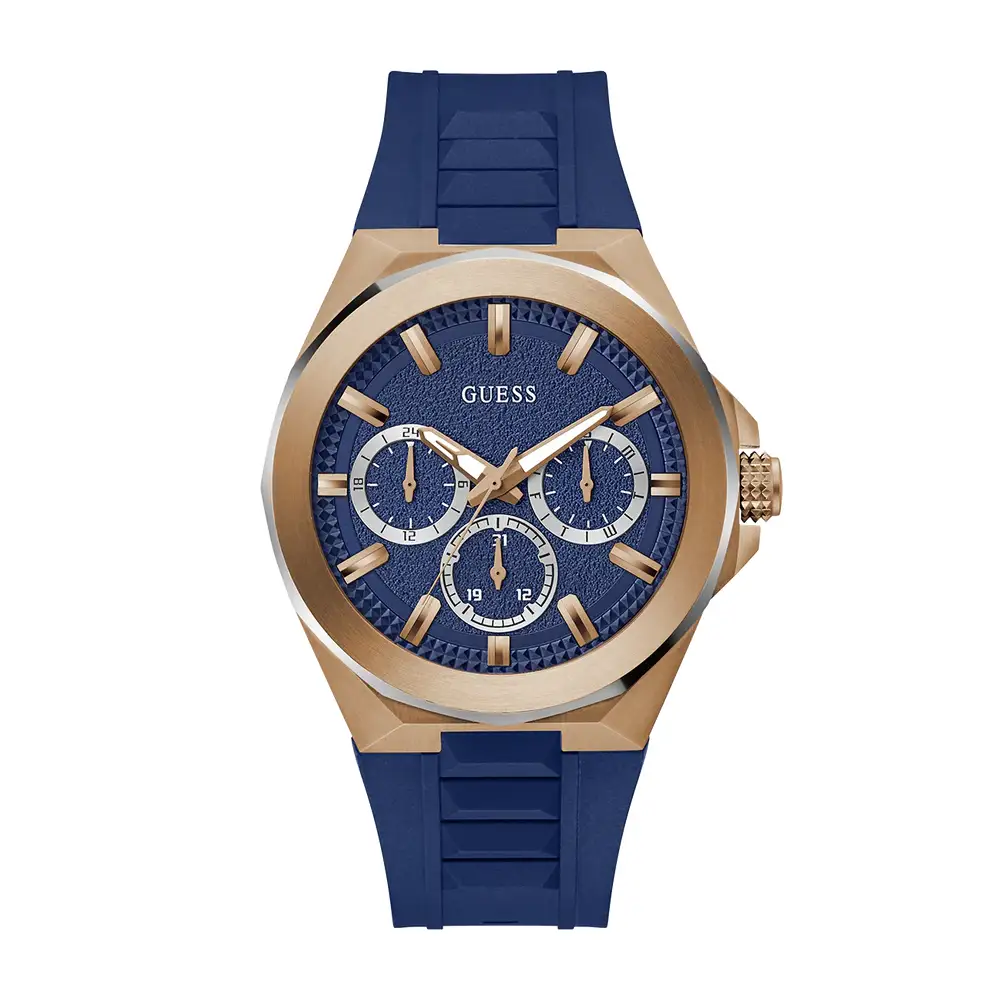 Guess Mens Blue Dial Watch with 46mm Rose Gold-Tone Stainless Steel Case, Blue Silicone Strap, Quartz Movement and 50M Water Resistance - GW0799G2
