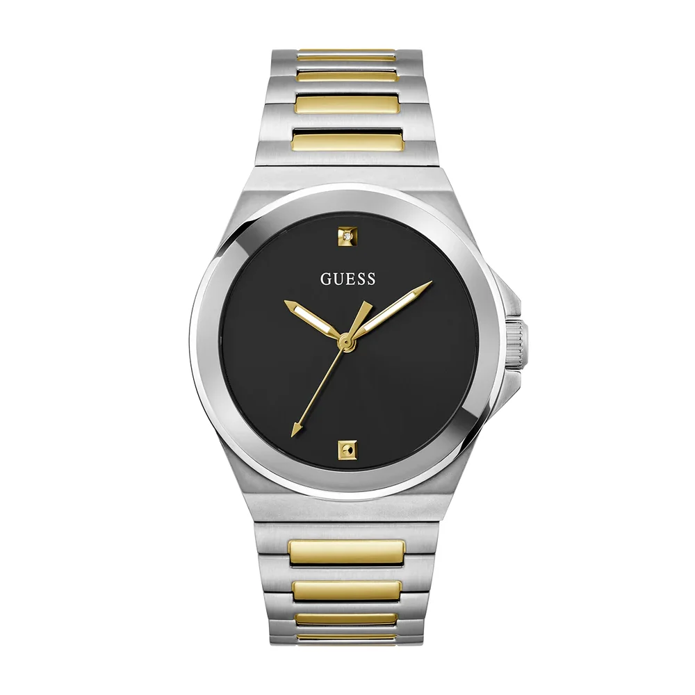 Guess Mens Diamond Black Dial Watch with 44mm Silver-Tone Stainless Steel Case and Two-Tone Bracelet, Quartz Movement and 50M Water Resistance - GW0833G3