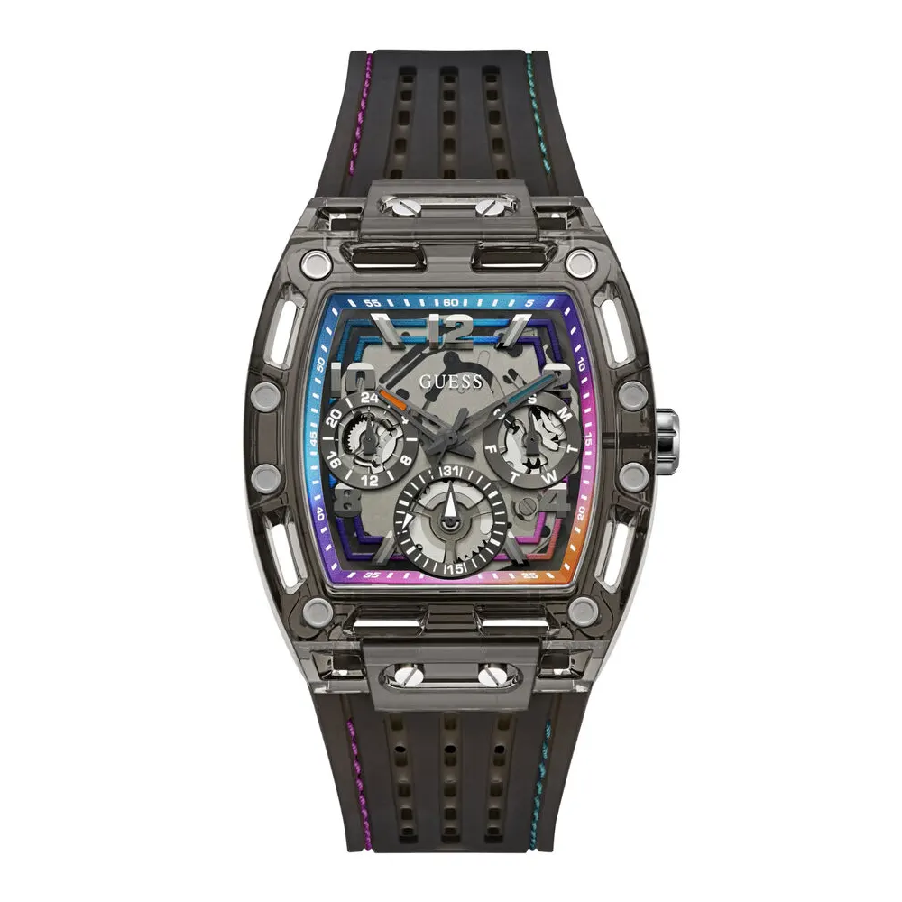 Guess Mens Multifunction Black Dial Watch with 42mm Black Polycarbonate Case, Black Silicone Strap, Quartz Analog Movement and 50M Water Resistance - GW0499G14