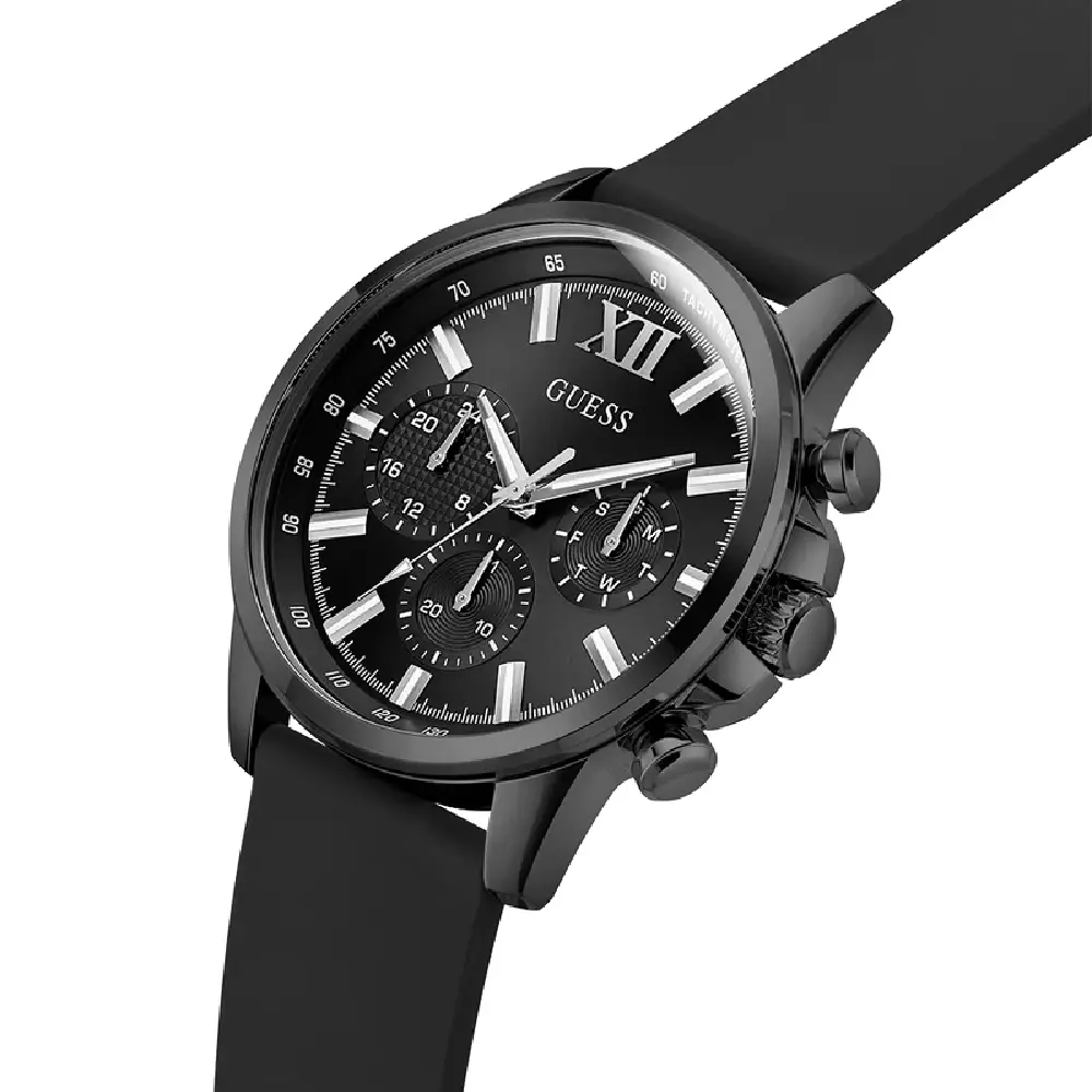 Guess Mens Multifunction Black Dial Watch with 44mm Black Stainless Steel Case, Black Silicone Strap, Quartz Movement and 50M Water Resistance - GW0913G3 - Image 2