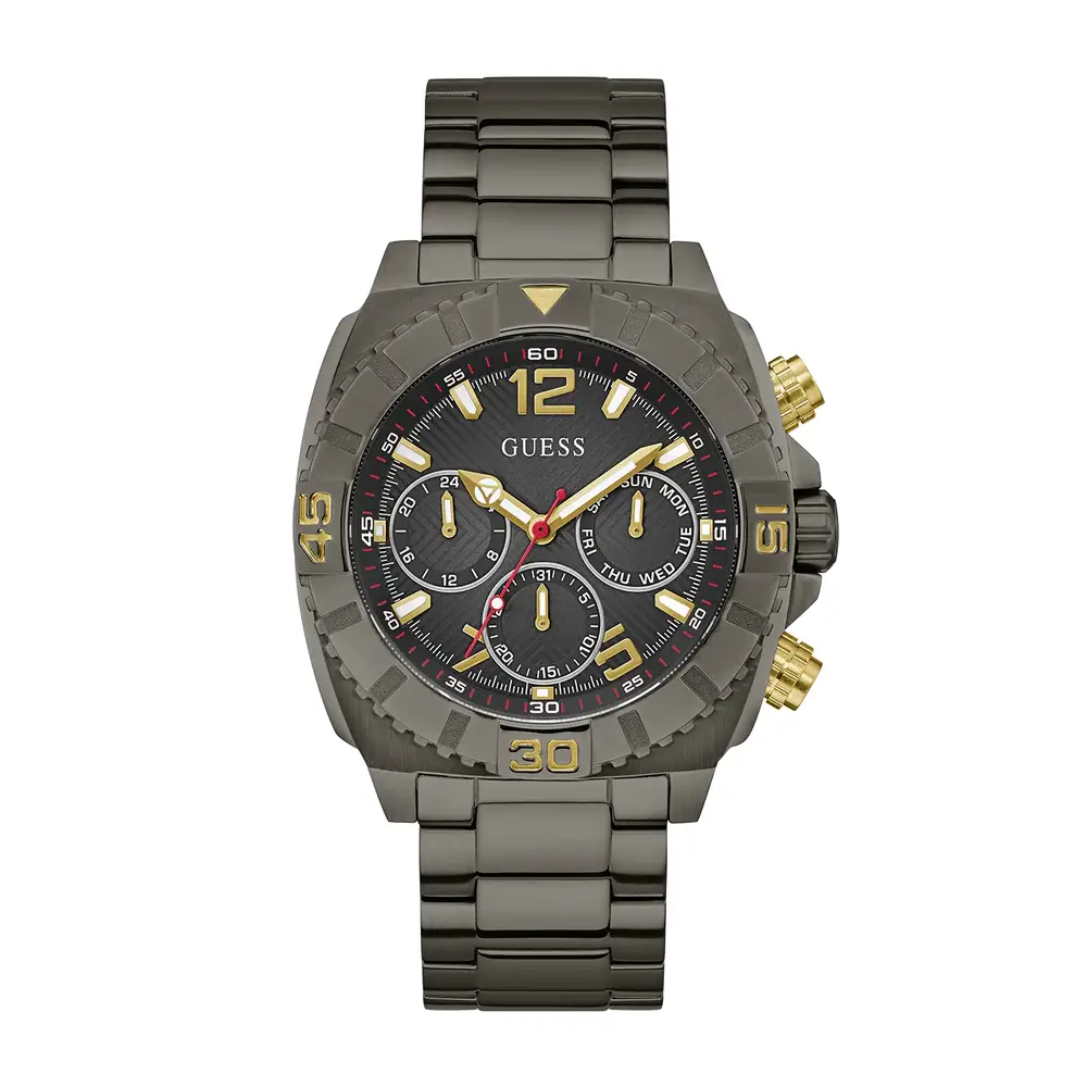 Guess Mens Multifunction Black Dial Watch with 44mm Gunmetal Stainless Steel Case and Bracelet, Quartz Movement and 50M Water Resistance - GW0800G2