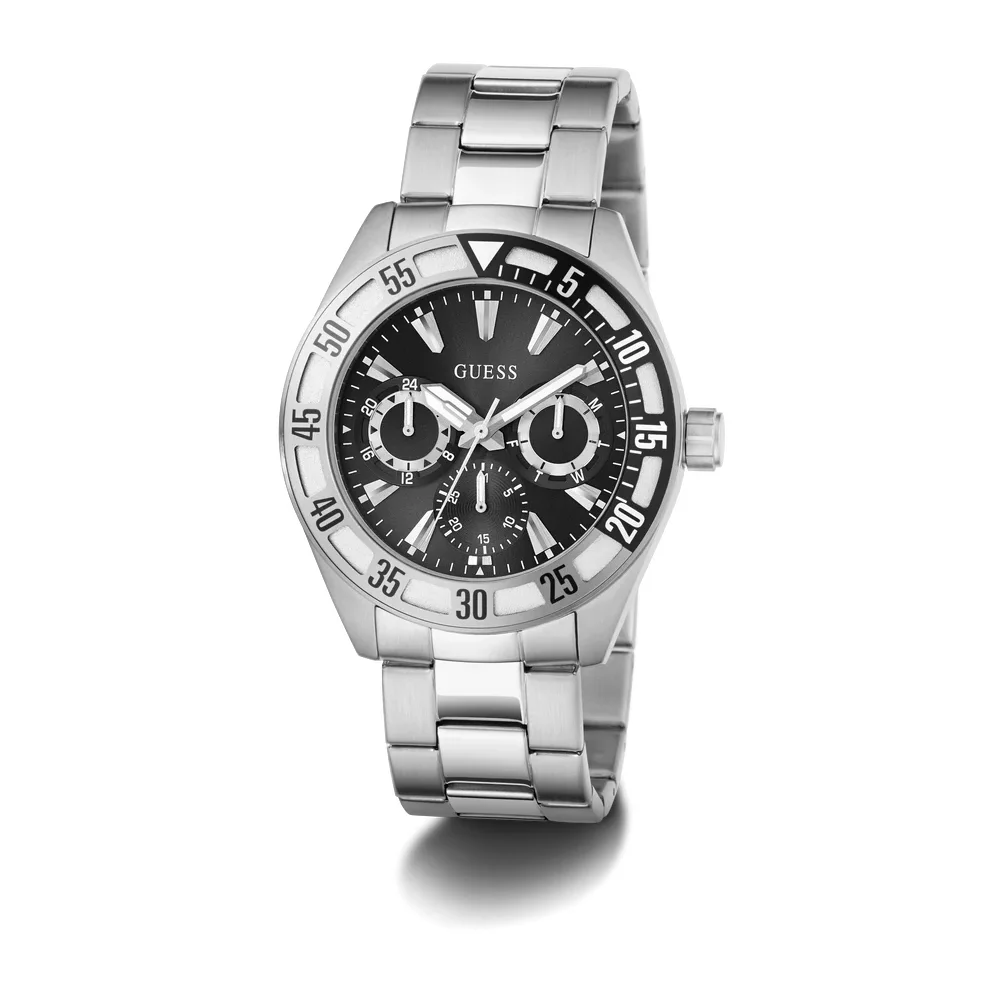 Guess Mens Multifunction Black Dial Watch with 44mm Silver-Tone Stainless Steel Case and Bracelet, Quartz Movement and 50M Water Resistance - GW0904G1