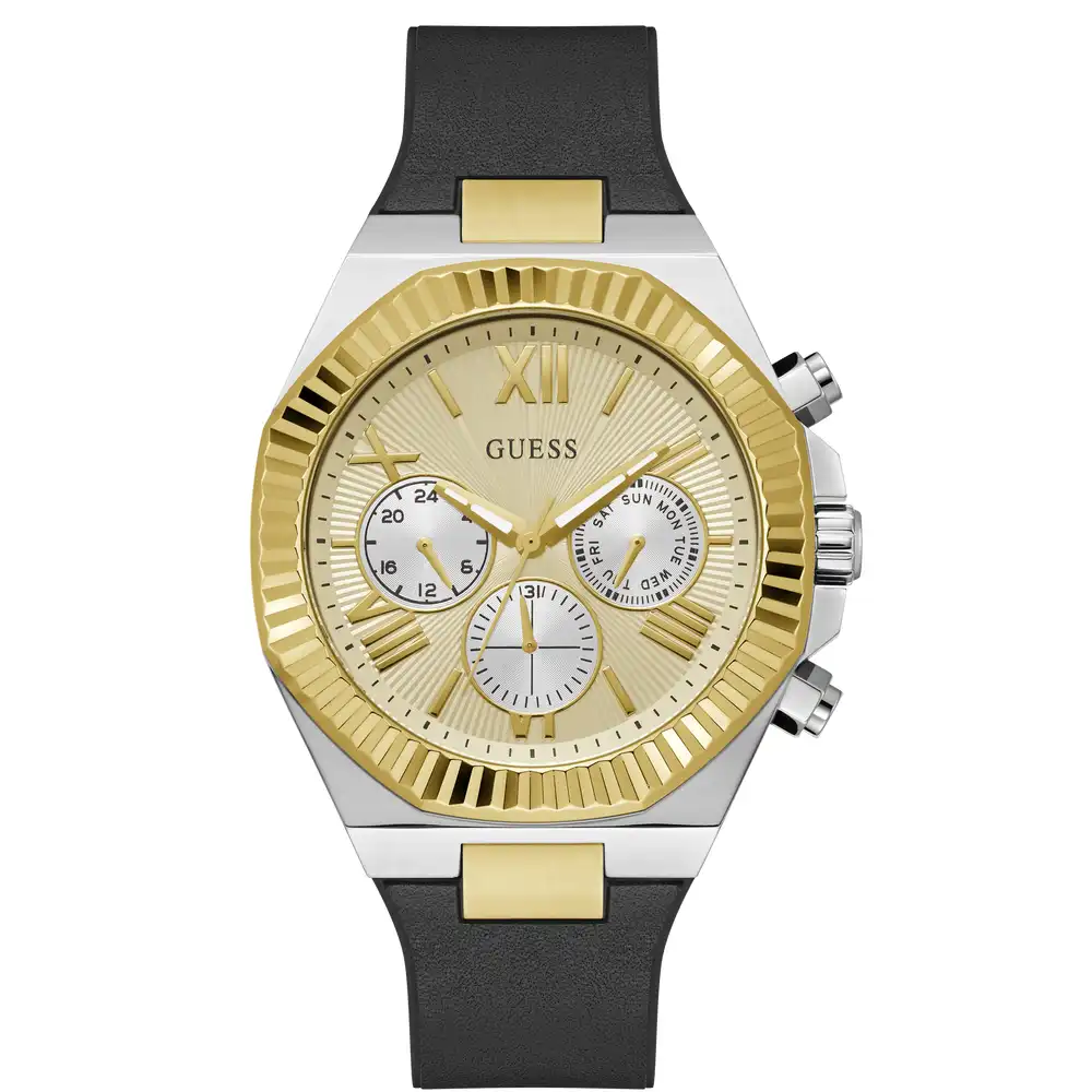 Guess Mens Multifunction Champagne Dial Watch with 44mm Two-Tone Recycled Stainless Steel Case, Black Leather & Silicone Strap, Quartz Movement and 50M Water Resistance - GW0791G1