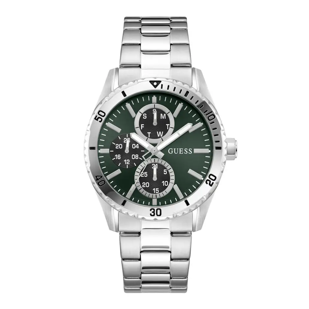 Guess Mens Multifunction Green Dial Watch with 43mm Silver-Tone Stainless Steel Case and Bracelet, Quartz Movement and 50M Water Resistance - GW1061G1