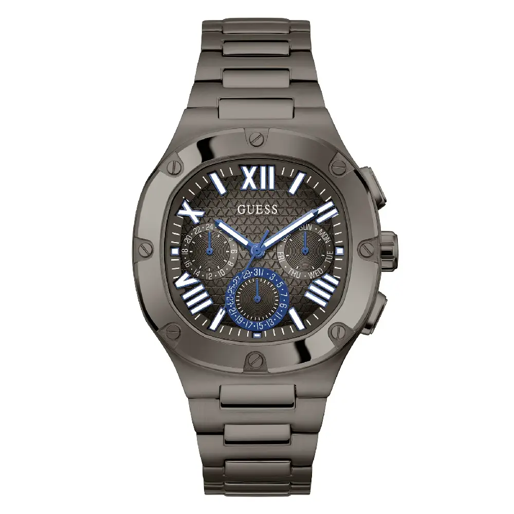 Guess Mens Multifunction Gunmetal Dial Watch with 42mm Gunmetal-Tone Square Stainless Steel Case and Bracelet, Quartz Movement and 50M Water Resistance - GW0572G5