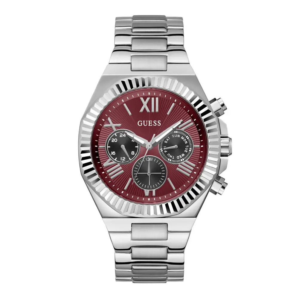 Guess Mens Multifunction Red Dial Watch with 44mm Silver-Tone Stainless Steel Case and Bracelet, Quartz Movement and 50M Water Resistance - GW0703G7