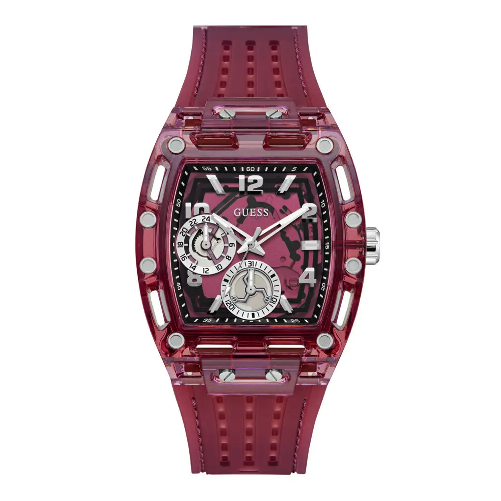 Guess Mens Transparent Red Dial Watch with 42mm Red Polycarbonate Case, Red Silicone Strap, Quartz Analog Movement and 50M Water Resistance - GW0499G12