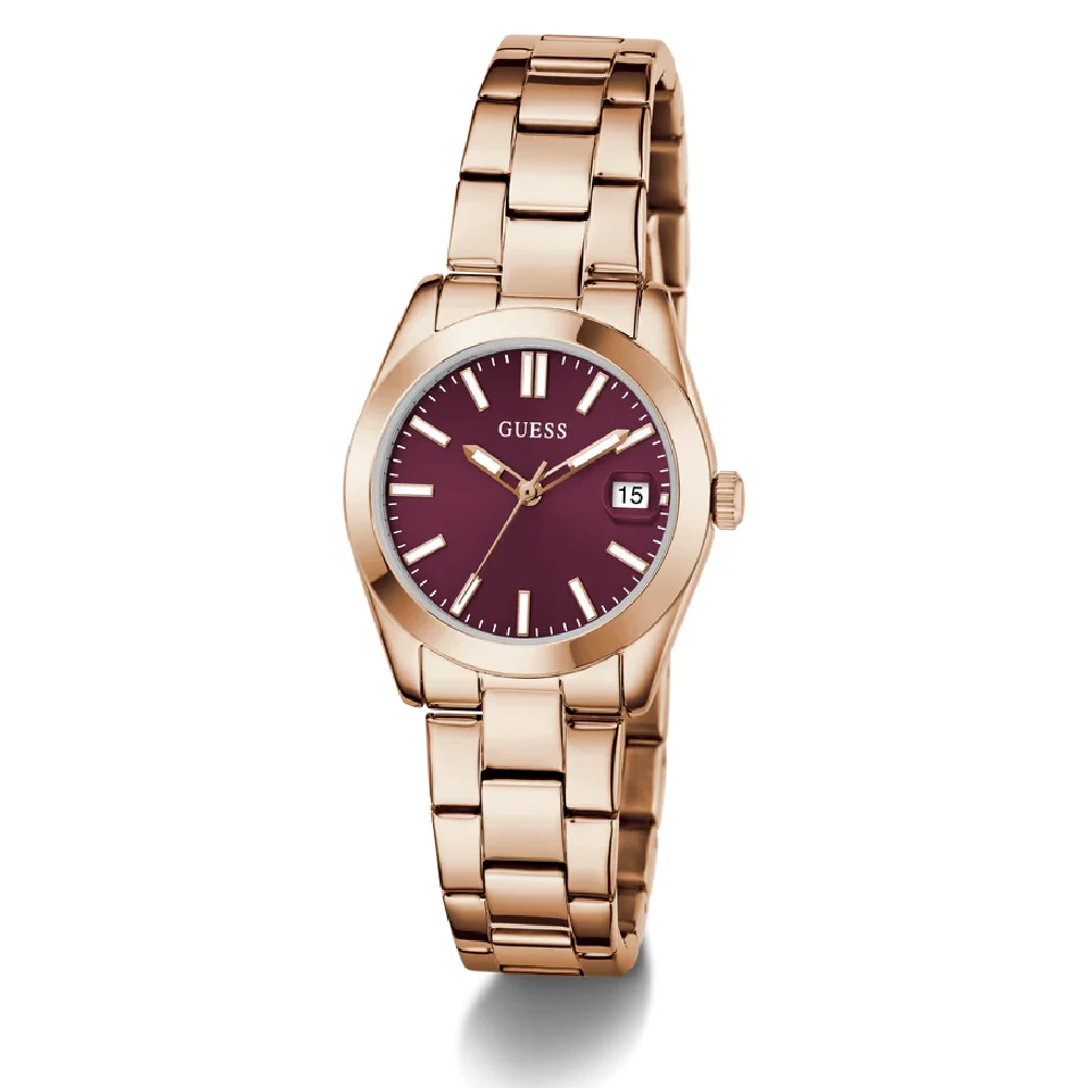 Guess Womens Burgundy Dial Watch with 32mm Rose Gold-Tone Stainless Steel Case and Bracelet, Quartz Movement and 30M Water Resistance - GW0934L5
