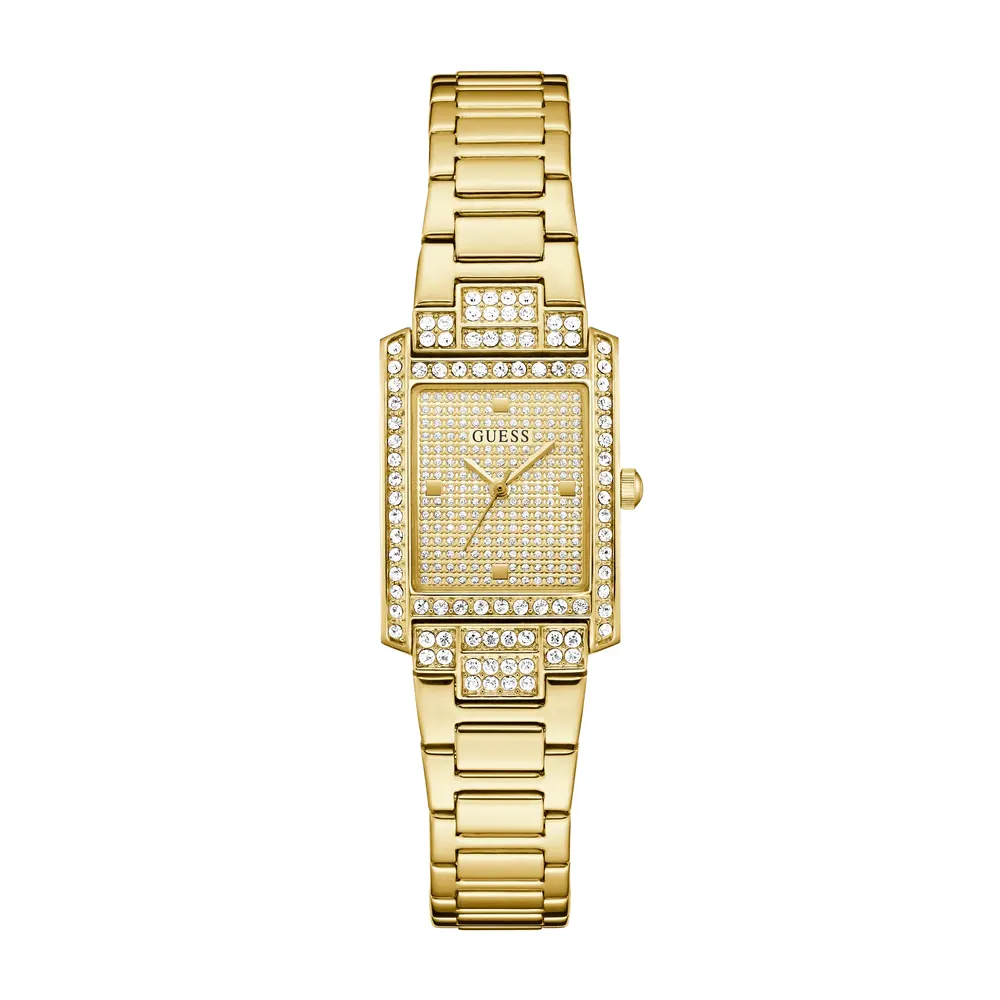 Guess Womens Champagne Dial Watch with 23mm Gold-Tone Rectangular Stainless Steel Case and Bracelet, Quartz Movement and 30M Water Resistance - GW0995L2