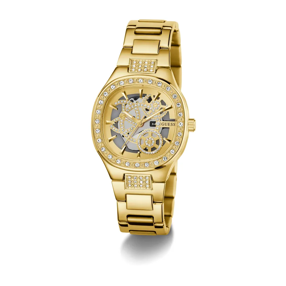 Guess Womens Champagne Dial Watch with 32mm Gold-Tone Square Stainless Steel Case and Bracelet, Quartz Movement and 30M Water Resistance - GW0941L2
