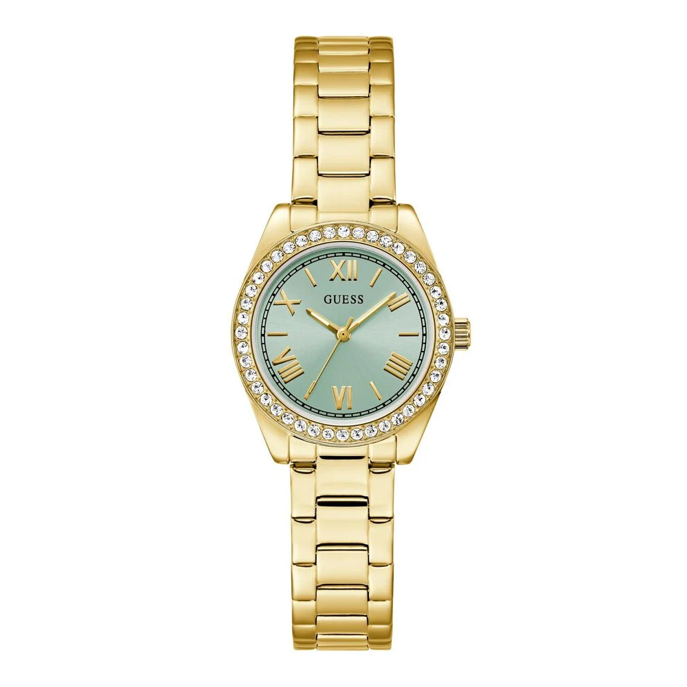 Guess Womens Green Dial Watch with 30mm Gold-Tone Recycled Steel Case and Bracelet, Quartz Movement and 30M Water Resistance - GW0841L5