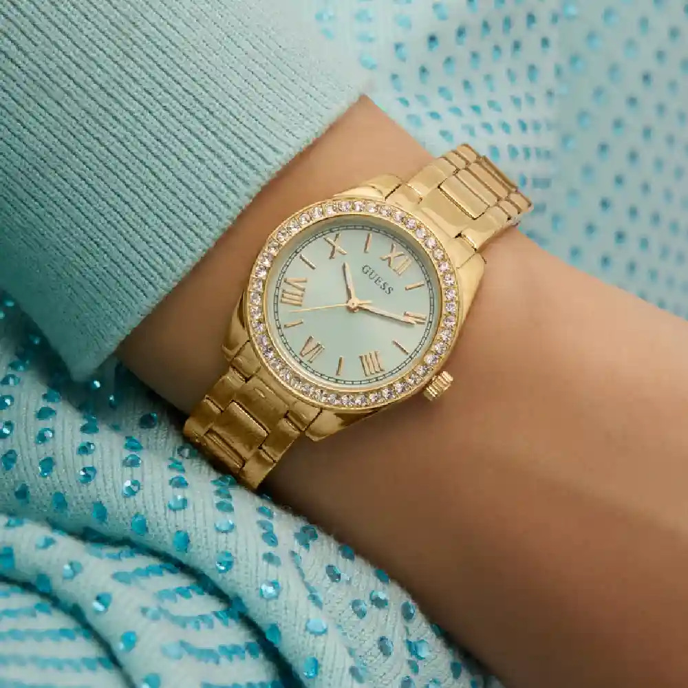 Guess Womens Green Dial Watch with 30mm Gold-Tone Recycled Steel Case and Bracelet, Quartz Movement and 30M Water Resistance - GW0841L5 - Image 4