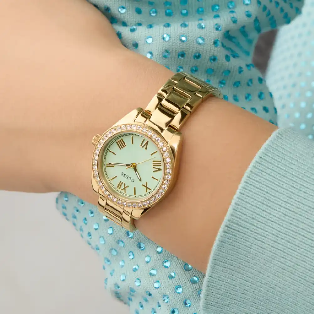 Guess Womens Green Dial Watch with 30mm Gold-Tone Recycled Steel Case and Bracelet, Quartz Movement and 30M Water Resistance - GW0841L5 - Image 5
