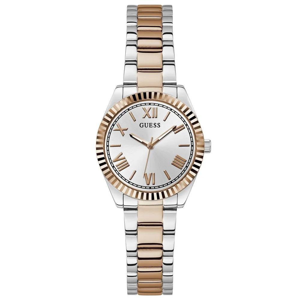 Guess Womens Silver Dial Watch with 30mm Silver and Rose Gold-Tone Stainless Steel Case and Bracelet, Quartz Movement and 30M Water Resistance - GW0687L3
