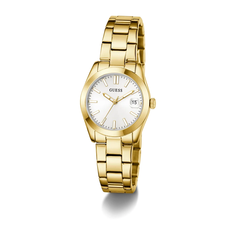 Guess Womens White Dial Date Watch with 32mm Gold-Tone Stainless Steel Case and Bracelet, Quartz Movement - GW0934L2