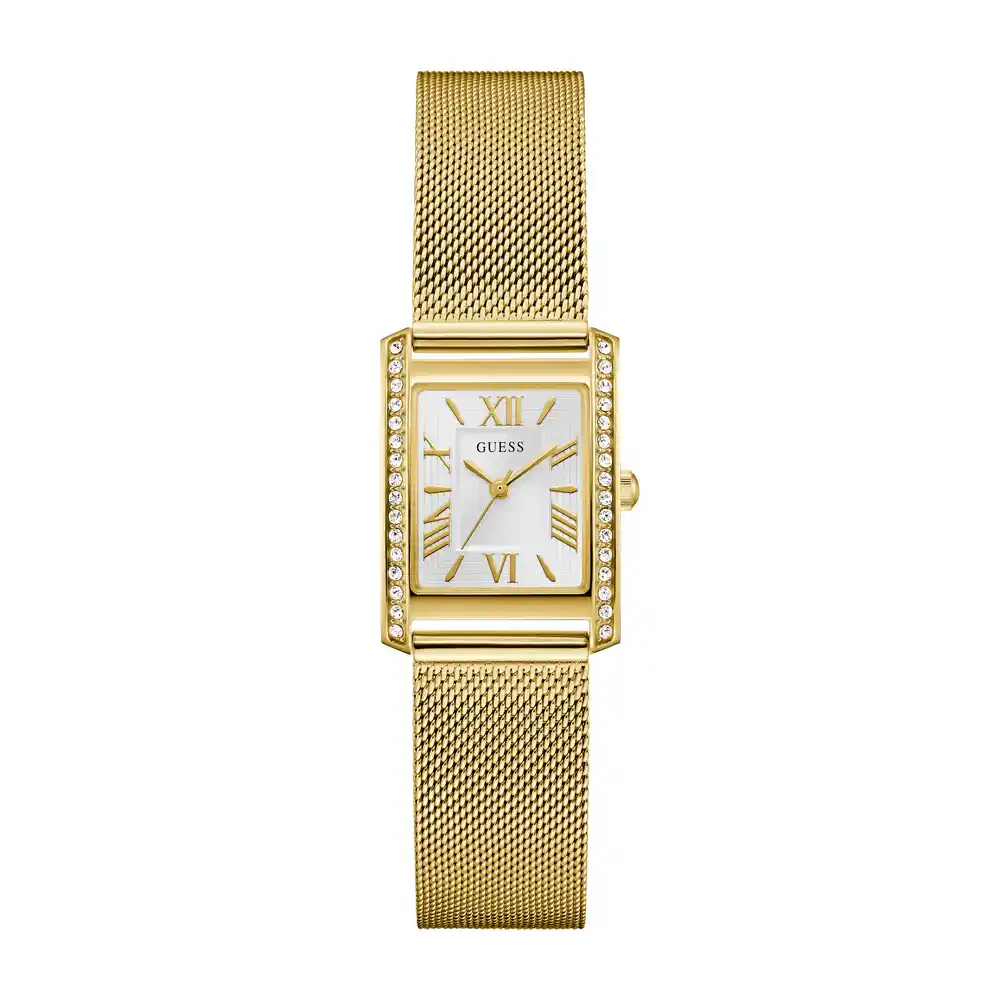 Guess Womens White Dial Watch with 23mm Gold-Tone Rectangular Stainless Steel Case and Bracelet, Quartz Movement and 30M Water Resistance - GW0997L2