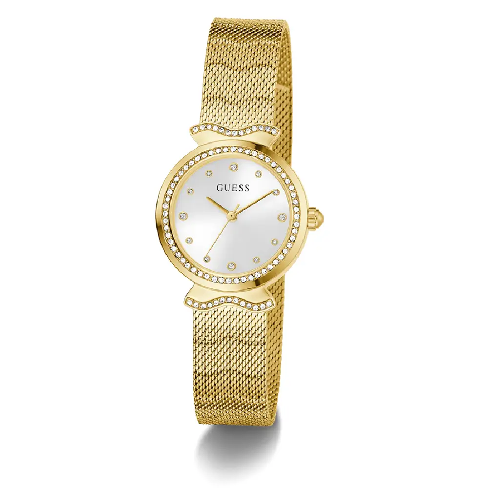 Guess Womens White Dial Watch with 28mm Gold-Tone Stainless Steel Case and Bracelet, Quartz Movement and 30M Water Resistance - GW0866L2