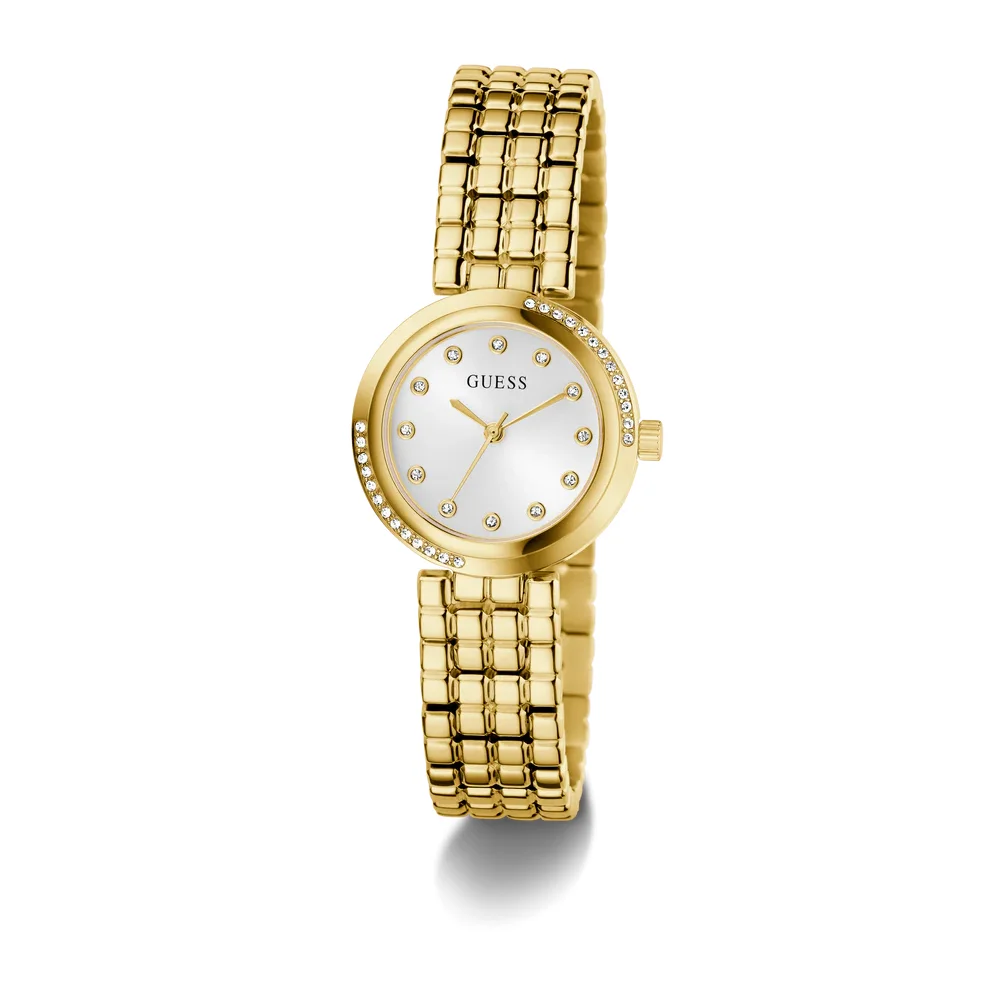 Guess Womens White Dial Watch with 28mm Gold-Tone Stainless Steel Case and Bracelet, Quartz Movement and 30M Water Resistance - GW0930L2