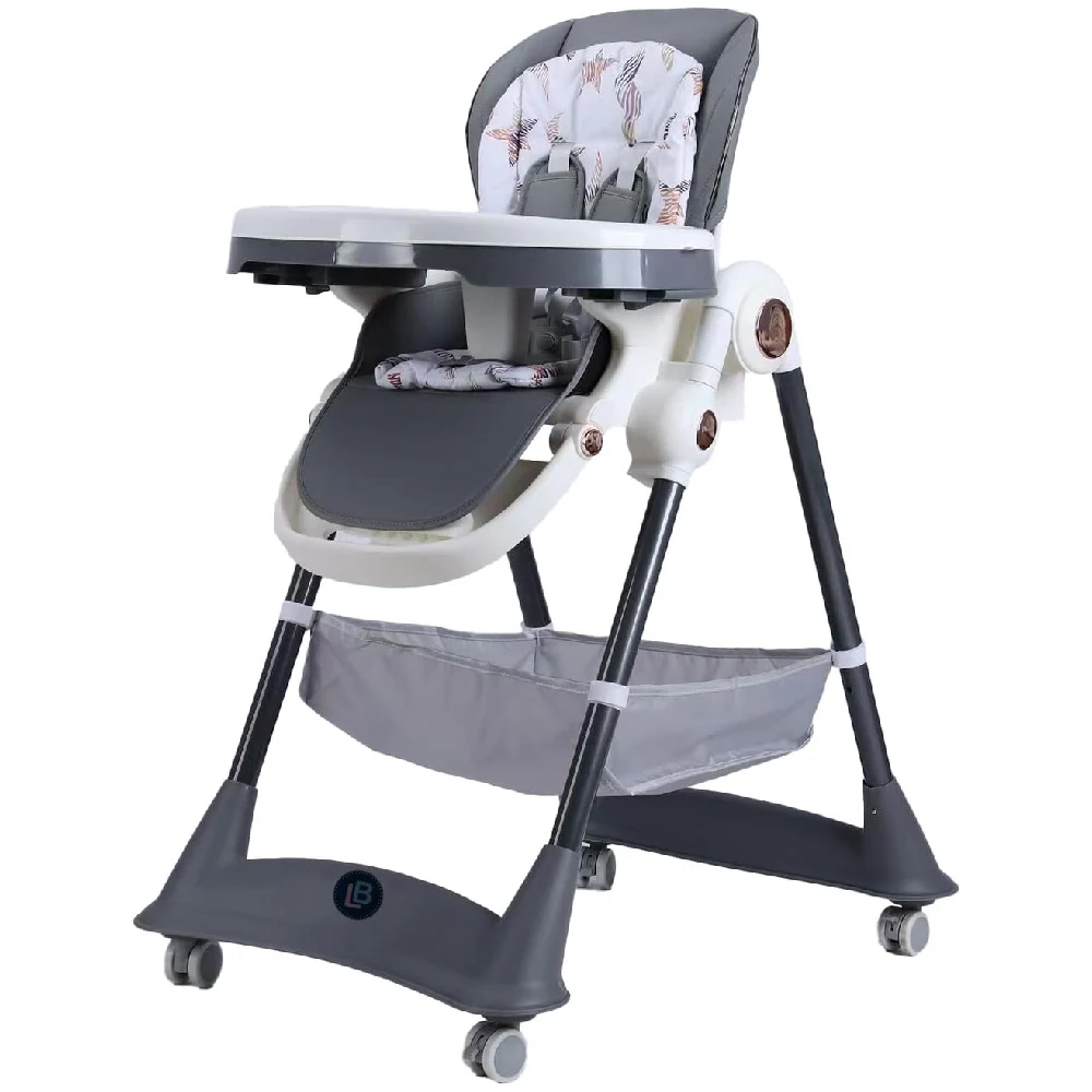 Lovely Baby LB168 3-Point Adjustable High Chair - Foldable with Universal Wheels, Storage Basket, Removable Tray, Safety Belt, Grey - LBB168-GR