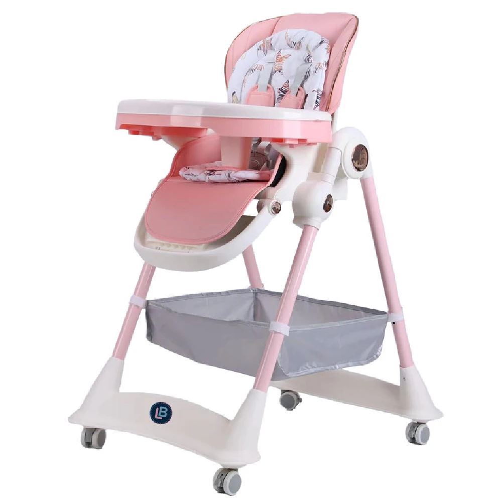Lovely Baby LB168 3-Point Adjustable High Chair - Foldable with Universal Wheels, Storage Basket, Removable Tray, Safety Belt, Pink - LBB168-PK