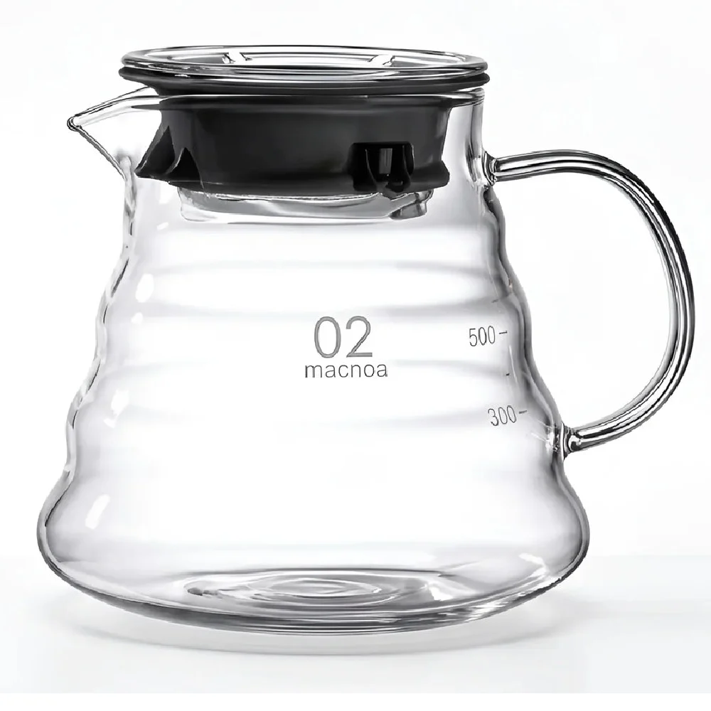 Macnoa MacPour Server 02 Borosilicate Glass Coffee Server - 600ml, Thermal Shock Resistant, Heat Resistant Lid, Pour Over Carafe, Clear - MP-25MPSR-CL