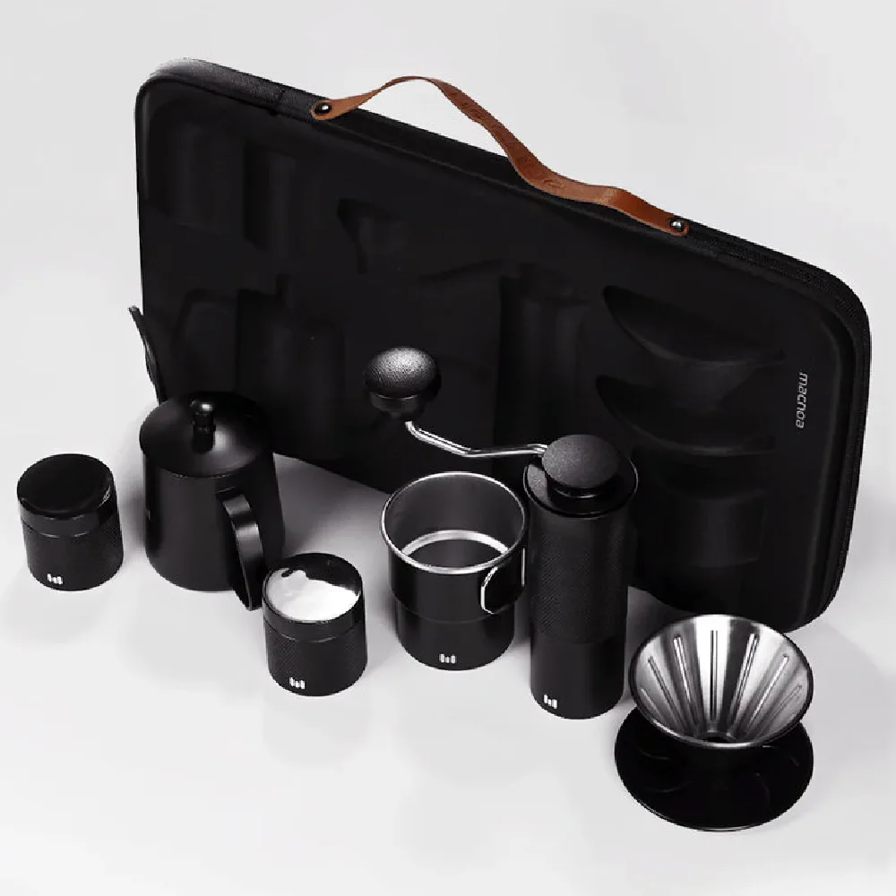 Macnoa MacRoam BrewBag Coffee Travel Kit - Portable Grinder, Dripper, Gooseneck Pitcher, Serving Cup, Bean Containers, Filter Paper, Black - MB-25MRBB-BK