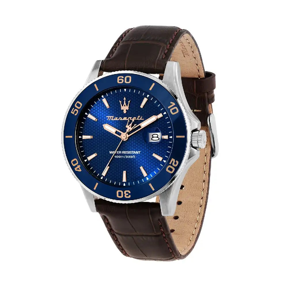 Maserati Competizione Mens Analog Watch with Blue Sunray Dial, 43mm Stainless Steel Case, Brown Leather Strap, Date Display and 100M Water Resistance - R8851100004