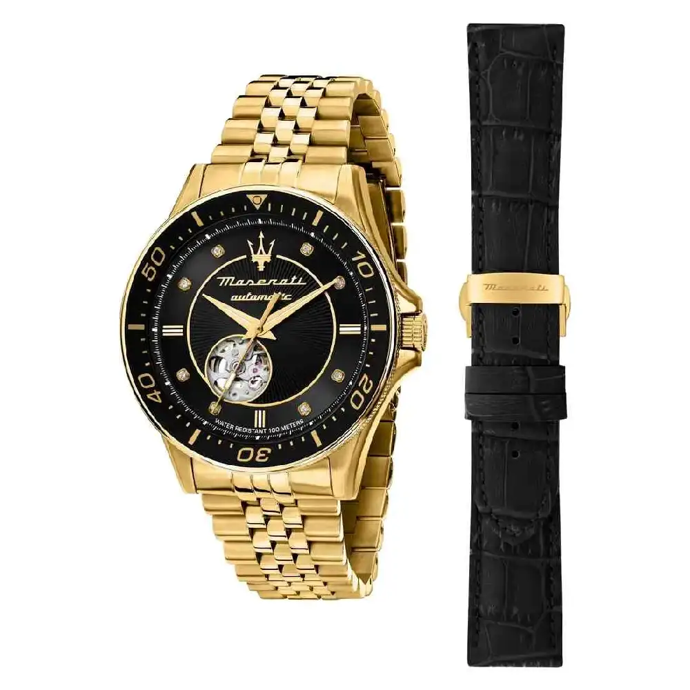 Maserati Mens Automatic Watch Set with Black Dial, 44mm Gold-Tone Stainless Steel Case and Bracelet, 100M Water Resistance - R8823140012-SET