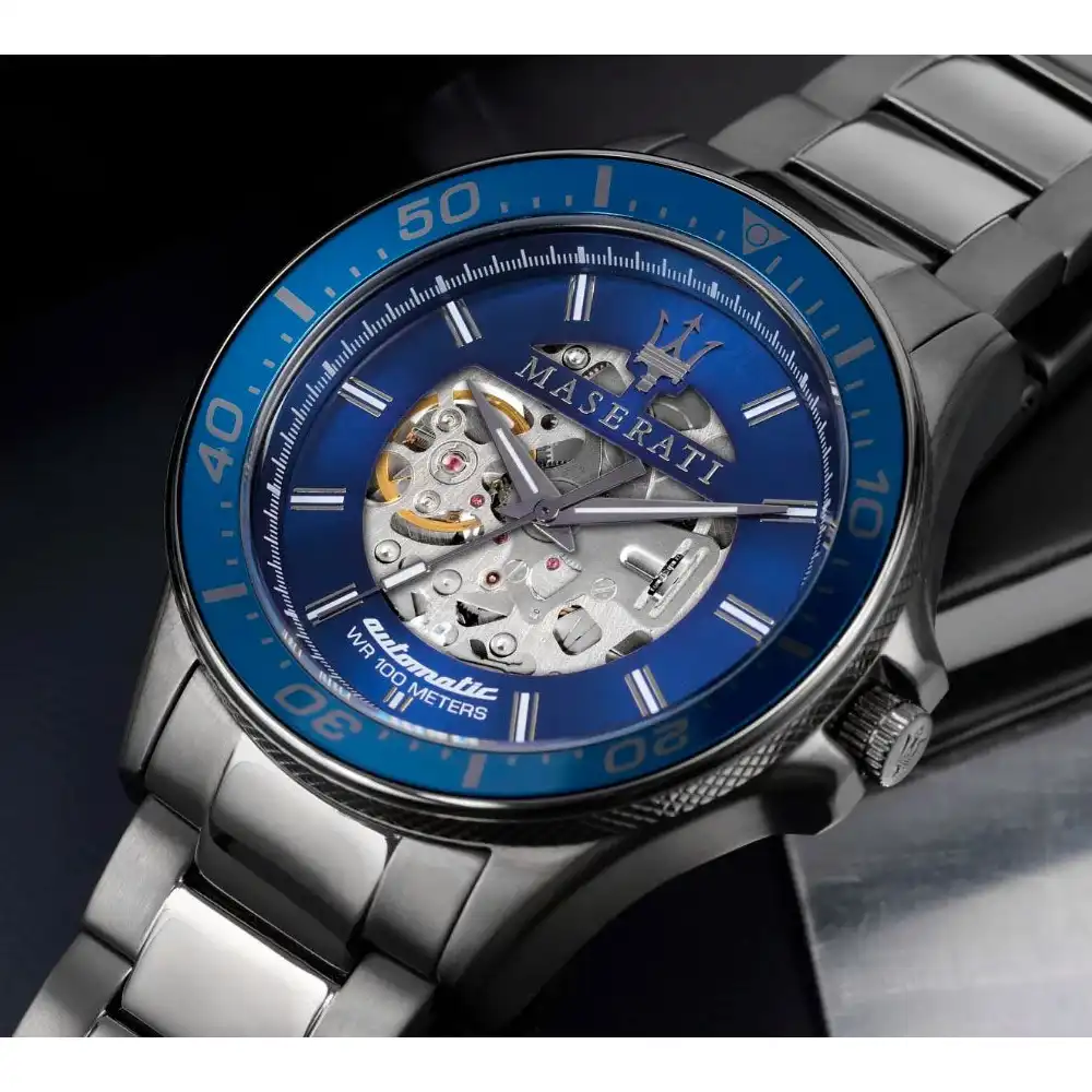 Maserati Sfida Mens Automatic Skeleton Watch with Blue Sunray Dial, 44mm Gunmetal Stainless Steel Case and Bracelet, Sapphire Coated Glass, 100M Water Resistance - R8823140001 - Image 5