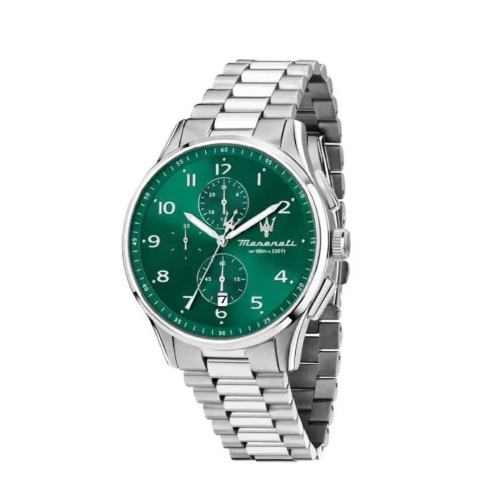 Maserati Sorpasso Mens Chronograph Watch with Green Dial, 42mm Stainless Steel Case and Bracelet, Date Display and 100M Water Resistance - R8873624006