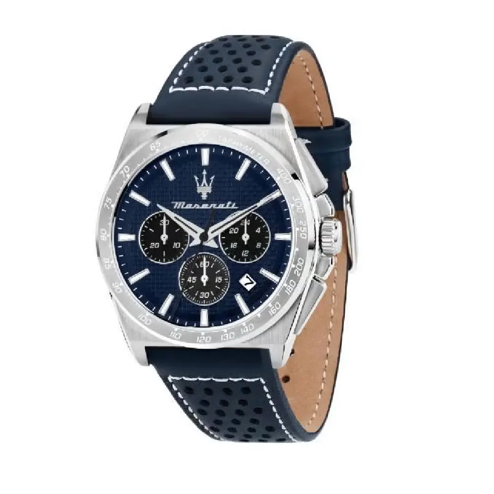 Maserati Velocita Mens Chronograph Watch with Blue Multi-Finishing Dial, 43mm Case, Blue Leather Strap, Quartz Movement and 100M Water Resistance - R8871652001