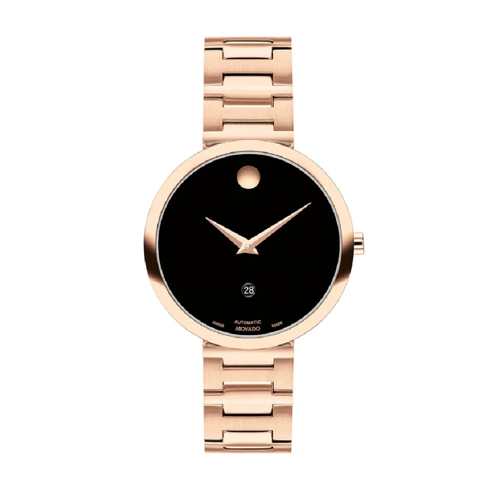 Movado Womens Watch with Black Dial, 32mm Rose Gold Tone Case, Rose Gold Strap and Quartz Movement - 607680