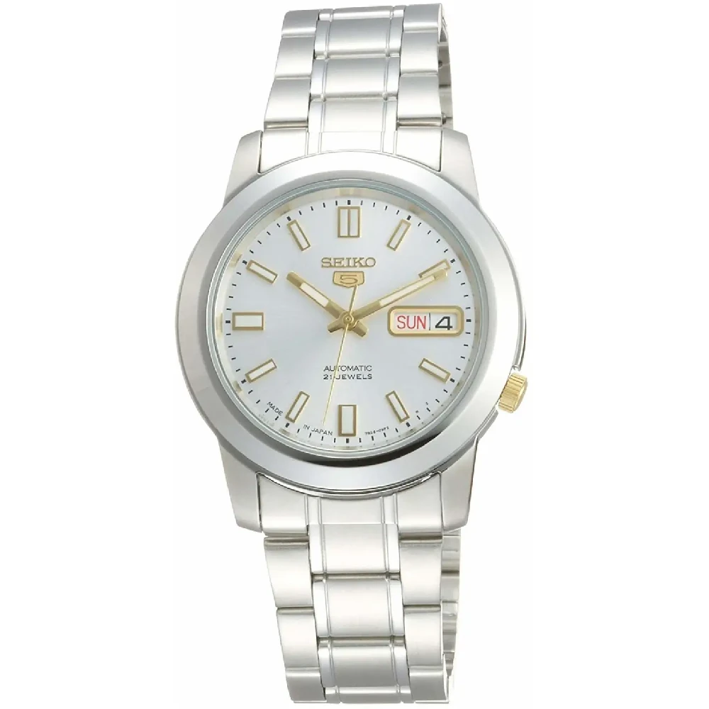 Seiko 5 Automatic Watch for Men - 37mm Stainless Steel Case, Silver Dial, Metal Bracelet, 30m Water Resistant - SNKK09J1