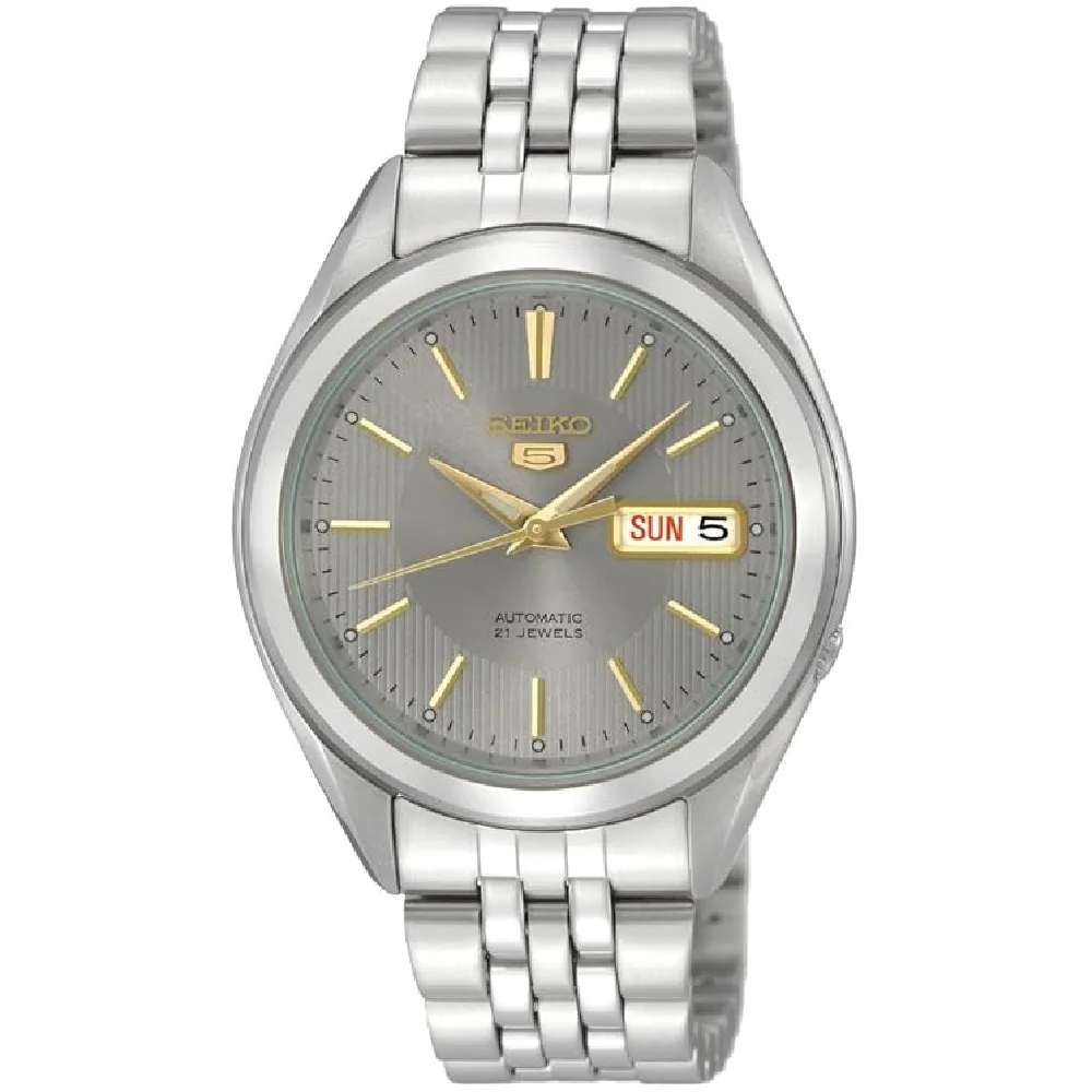 Seiko 5 Automatic Watch for Men - 38mm Stainless Steel Case, Gray Dial, Metal Bracelet, 30m Water Resistant - SNKL19J1