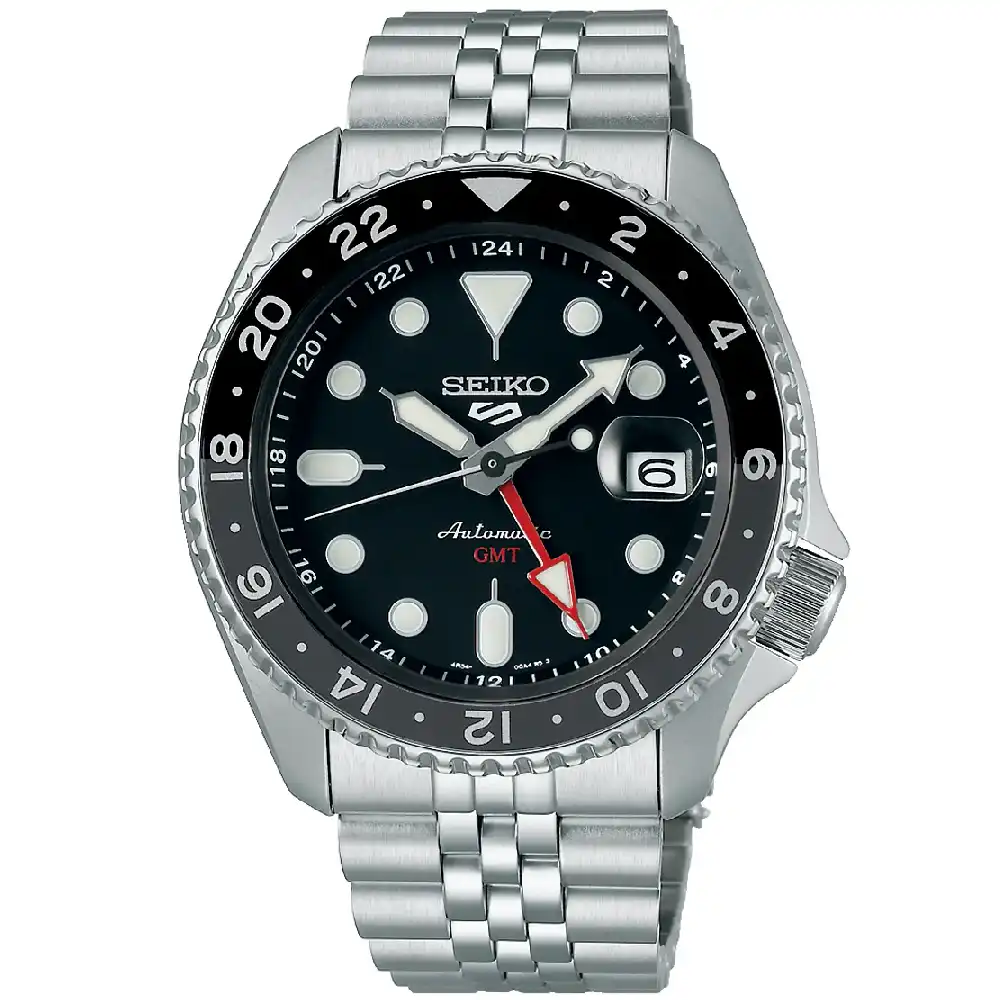 Seiko 5 Sports GMT Automatic Watch for Men - 42.5mm Stainless Steel Case, Black Dial, Bi Color 24 Hour Bezel, Metal Bracelet, 100m Water Resistant - SSK001K1
