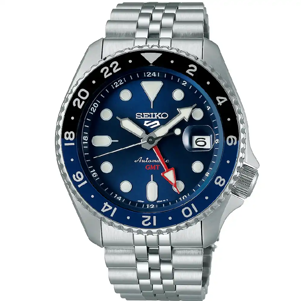 Seiko 5 Sports GMT Automatic Watch for Men - 42.5mm Stainless Steel Case, Blue Dial, Bi Color 24 Hour Bezel, Metal Bracelet, 100m Water Resistant - SSK003K1