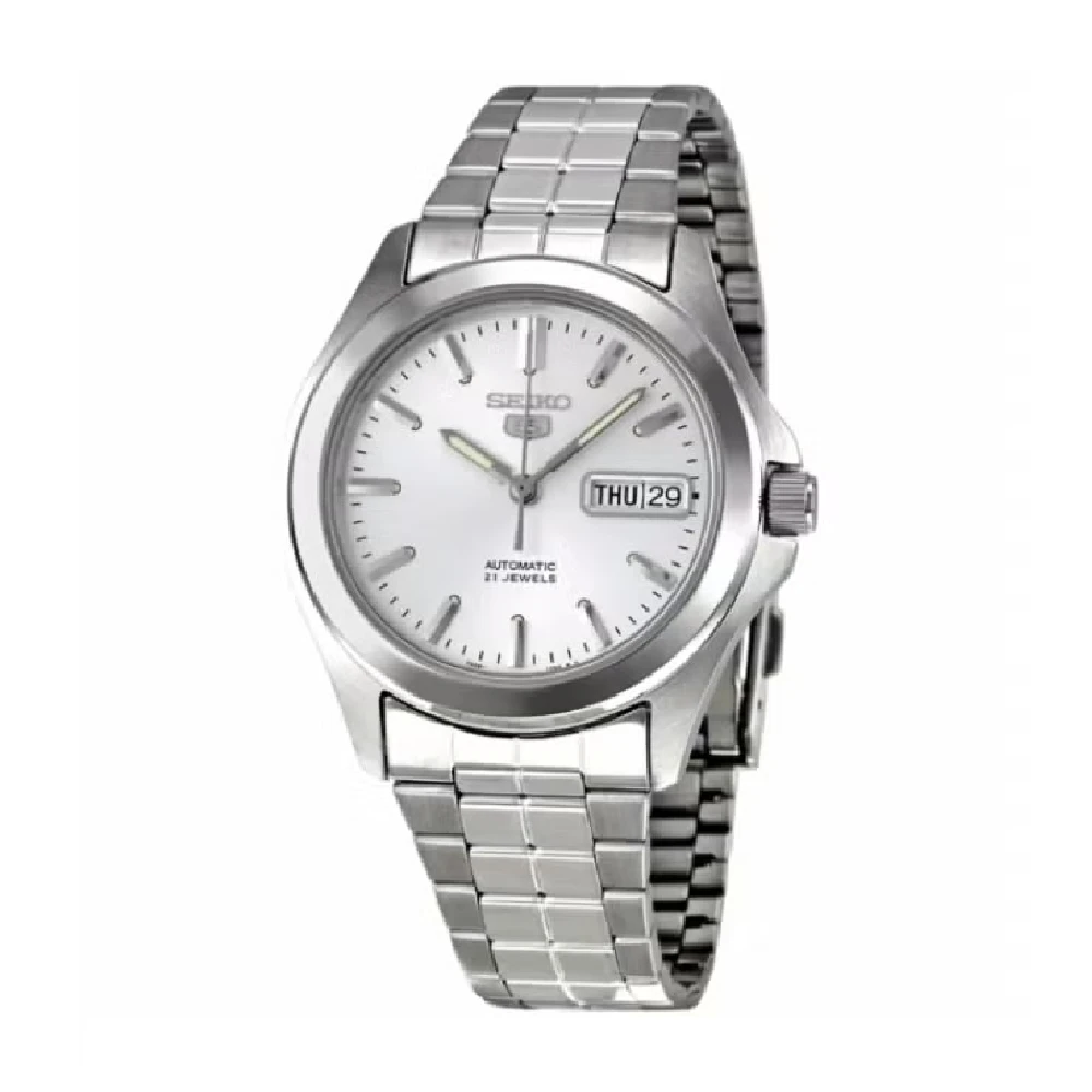Seiko Automatic Mens Silver Dial Watch with 38mm Stainless Steel Case and Bracelet, Analog Display - SNKK87K1
