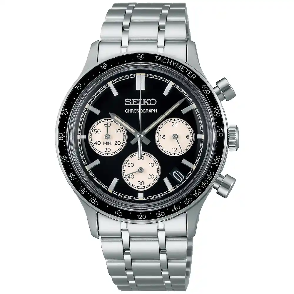 Seiko Chronograph Quartz Watch for Men - 38.7mm Stainless Steel Case, Black Dial, Tachymeter Bezel, Metal Bracelet, 50m Water Resistant - SSB479P1