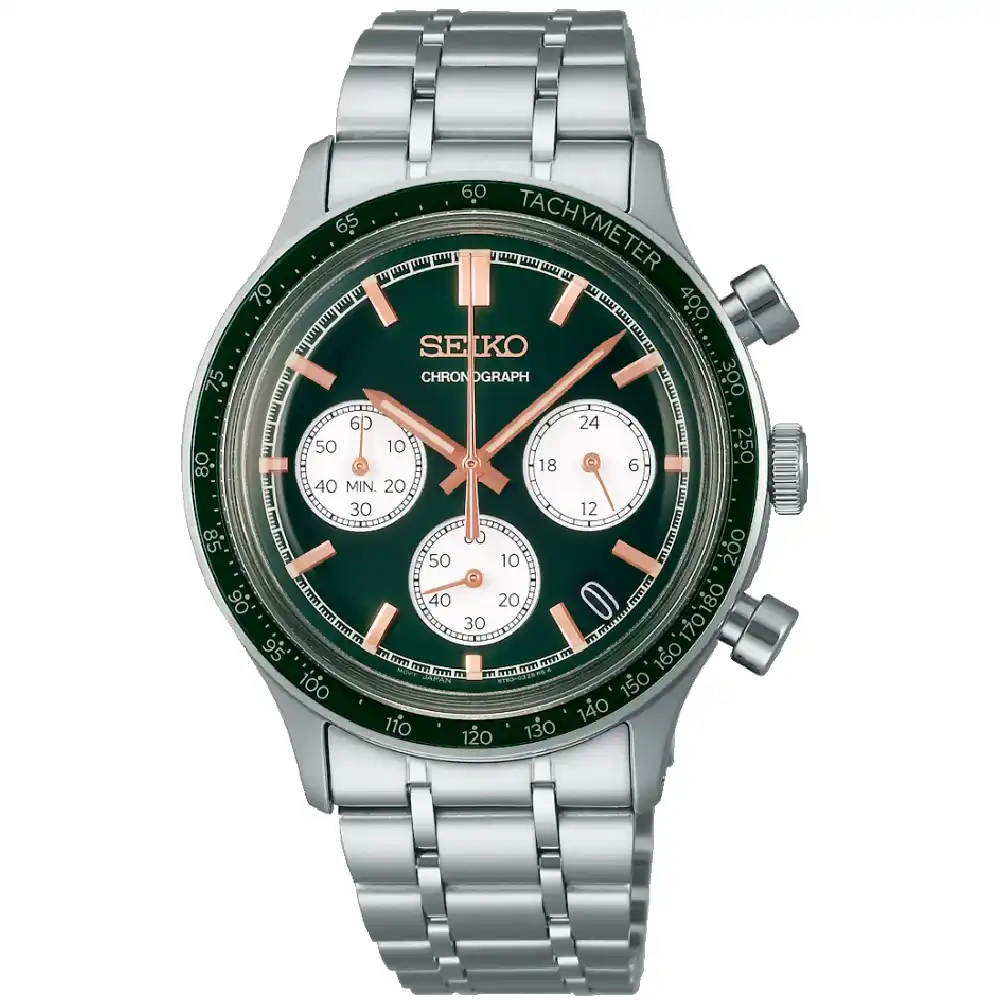 Seiko Essentials Chronograph Quartz Watch for Men - 38.7mm Stainless Steel Case, Green Dial, Tachymeter Bezel, Metal Bracelet, 50m Water Resistant - SSB481P1