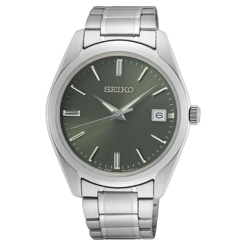 Seiko Mens Olive Green Dial Quartz Watch with 40.2mm Stainless Steel Case and Bracelet, Sapphire Crystal, Date Display - SUR527P1