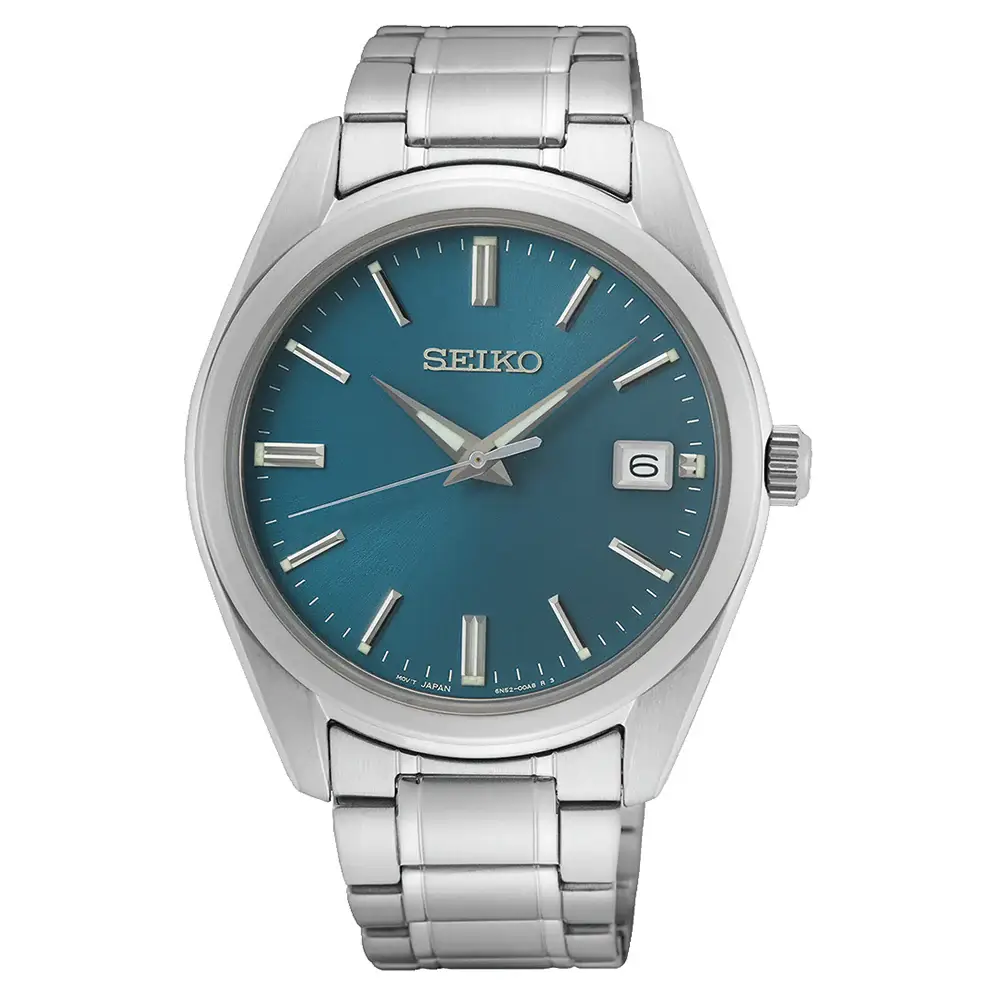 Seiko Mens Teal Dial Quartz Watch with 40.2mm Stainless Steel Case and Bracelet, Date Display - SUR525P1
