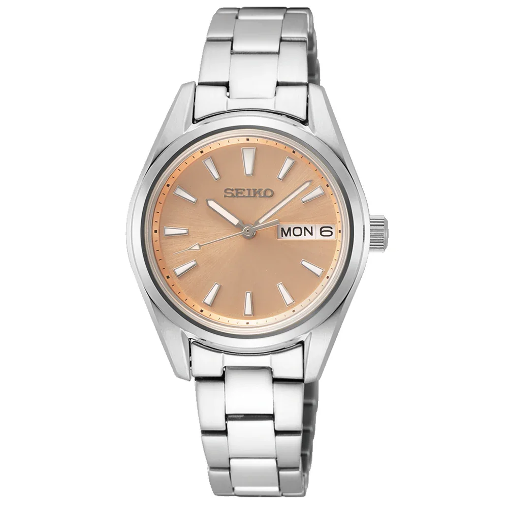Seiko Neo Classic Womens Salmon Dial Quartz Watch with 29.8mm Stainless Steel Case and Bracelet, Sapphire Crystal, Day-Date Display - SUR351P1