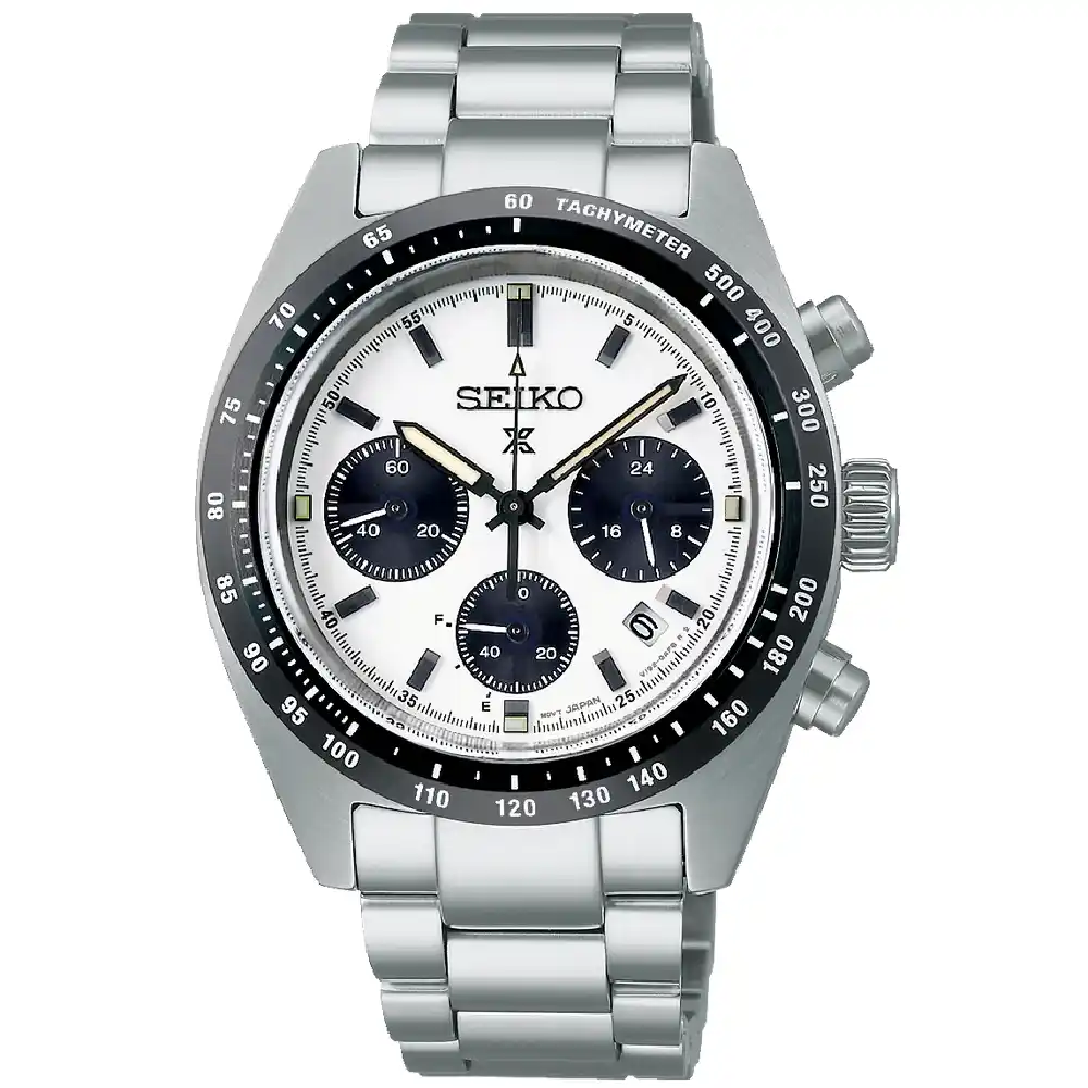 Seiko Prospex Speedtimer Solar Chronograph Watch for Men - 39mm Stainless Steel Case, White Dial, Tachymeter Bezel, Metal Bracelet, 100m Water Resistant - SSC813P1