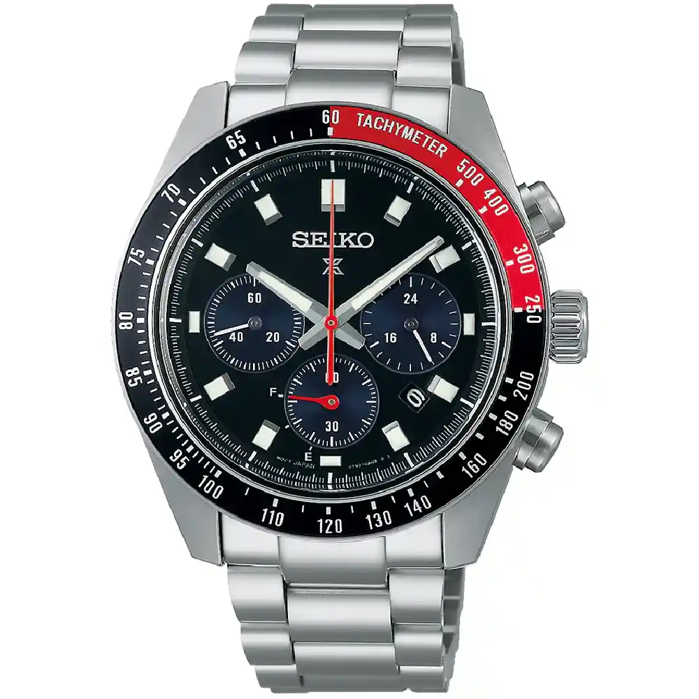 Seiko Prospex Speedtimer Solar Chronograph Watch for Men - 41.4mm Stainless Steel Case, Black Dial, Tachymeter Bezel, Metal Bracelet, 100m Water Resistant - SSC915P1