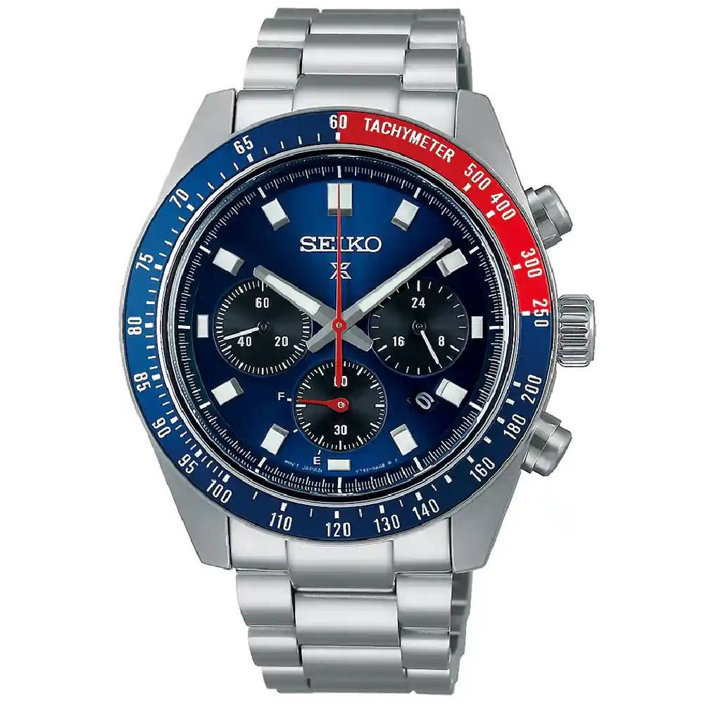 Seiko Prospex Speedtimer Solar Chronograph Watch for Men - 41.4mm Stainless Steel Case, Blue Dial, Tachymeter Bezel, Metal Bracelet, 100m Water Resistant - SSC913P1