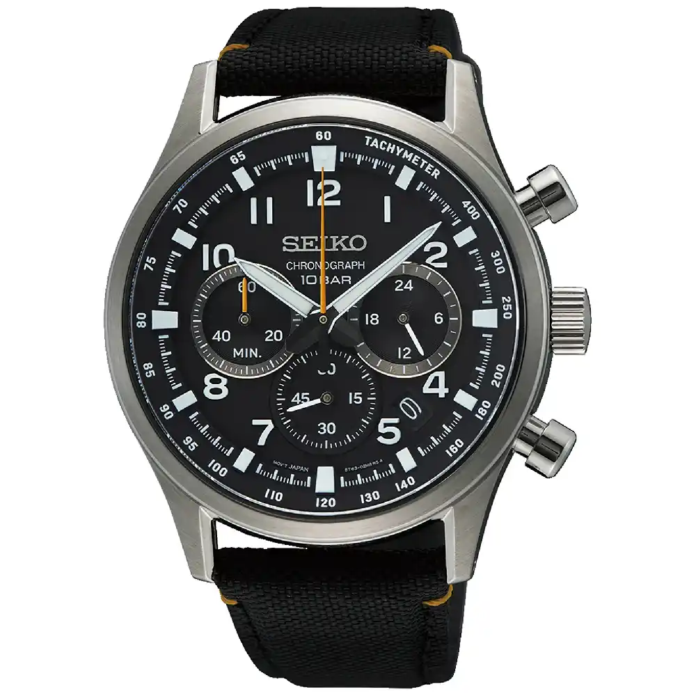 Seiko Quartz Chronograph Watch for Men - 43mm Stainless Steel Case, Black Dial, Nylon Strap, Sapphire Crystal, 100m Water Resistant - SSB449P1